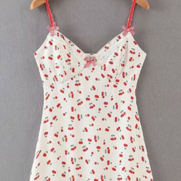 Floral Print Mini Dress - White with Red Accents - Picture 2 of 4